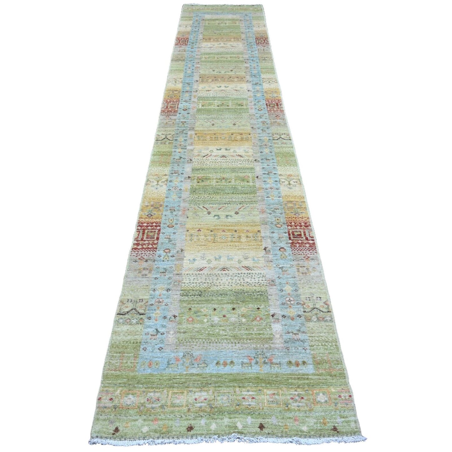 2'8"X14'8" Green Kashkuli Animal Figurines Wool Hand Knotted Runner Rug