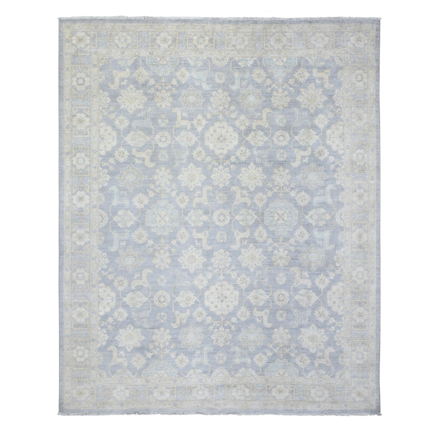 7'10"X9'7" Cloud Gray White Wash Peshawar Natural Wool Hand Knotted Rug
