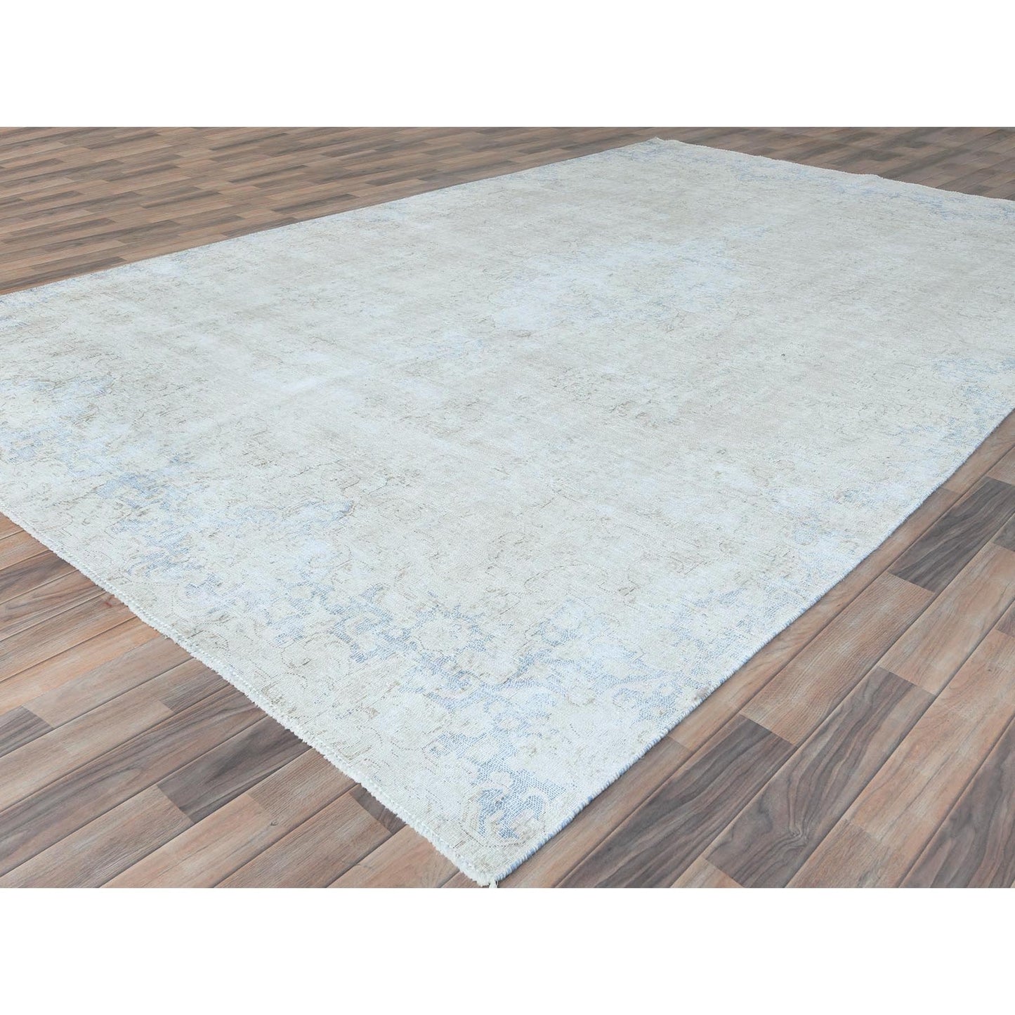8'2"X13' Ivory Old Farsian Karman Hand Knotted Wool Distressed Look Rug