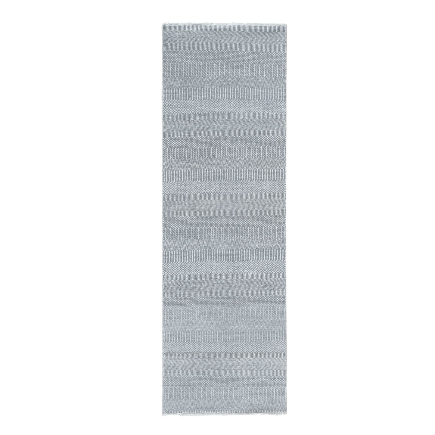 2'7"X8' Gray Modern Grass Design Wool And Silk Hand Knotted Runner Rug