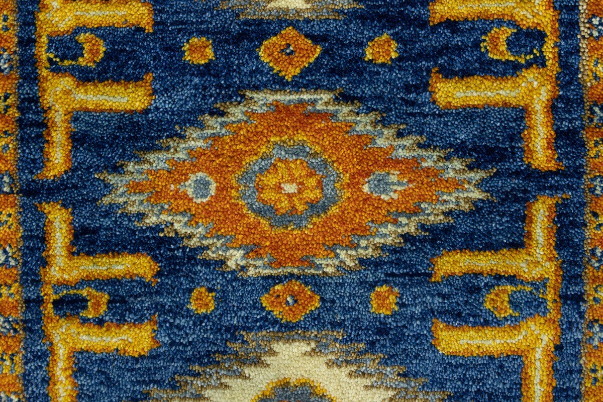 Vintage Style Blue Geometric Kazak Runner Rug