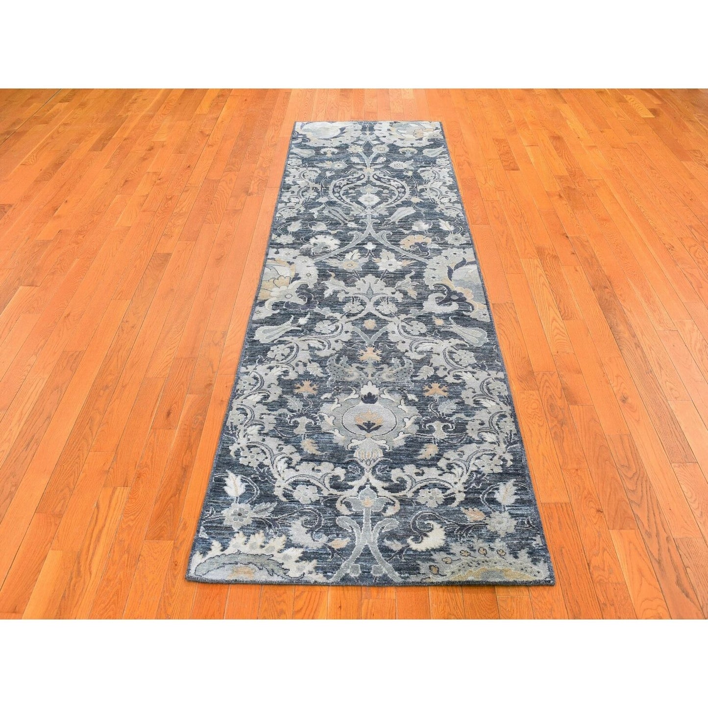 3'X10'2" Silk With Textured Wool Palmette Motif Hand Made Wide Runner Rug