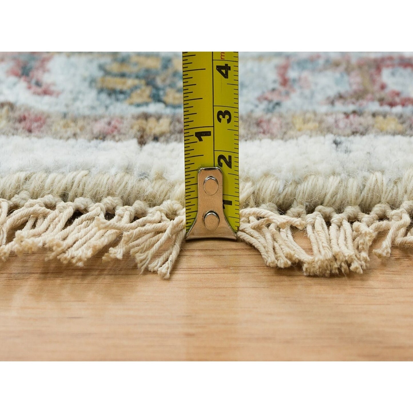 9'9"X9'9" Ivory Hand Knotted Flower Rosettes Border Round Oriental Rug