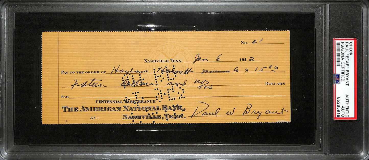 Paul "Bear" Bryant Hof Signed 1942 Bank Check