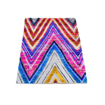 2'X3' Colorful Hand Knotted Chevron Design Sari Silk With Text Wool Rug