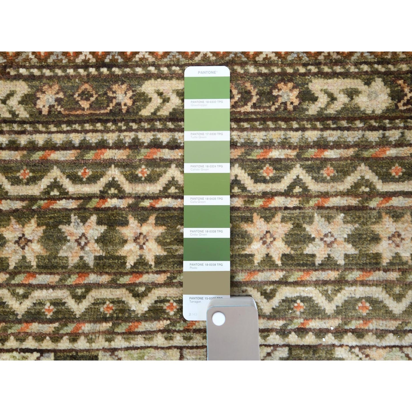 4'X5'9" Green Hand Knotted Super Kazak Khorjin Design Natural Wool Rug