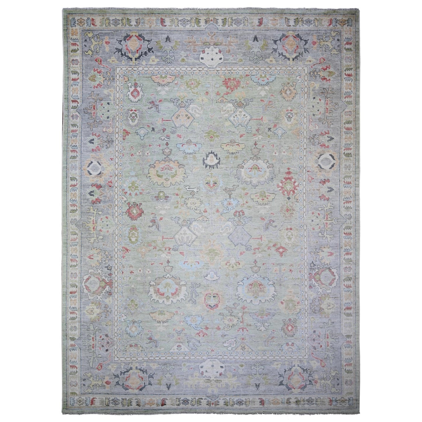 11'6"X15'7" Green Afghan Angora Oushak Wool Hand Knotted Oversized Rug