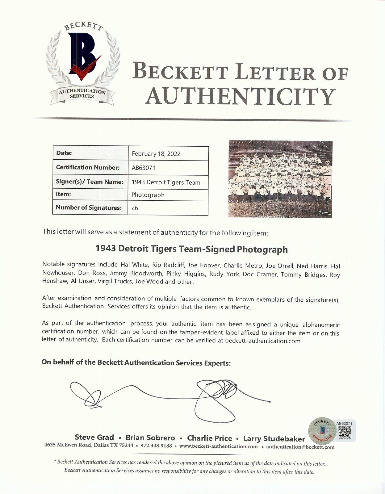 1943 Detroit Tigers Team-Signed By 26 Original