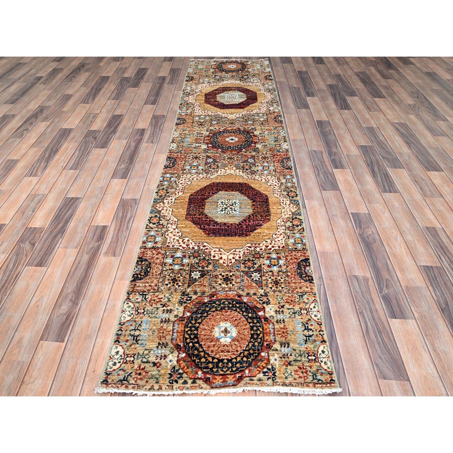 2'5"X10'3" White Mamluk Design Soft Wool Hand Knotted Runner Oriental Rug