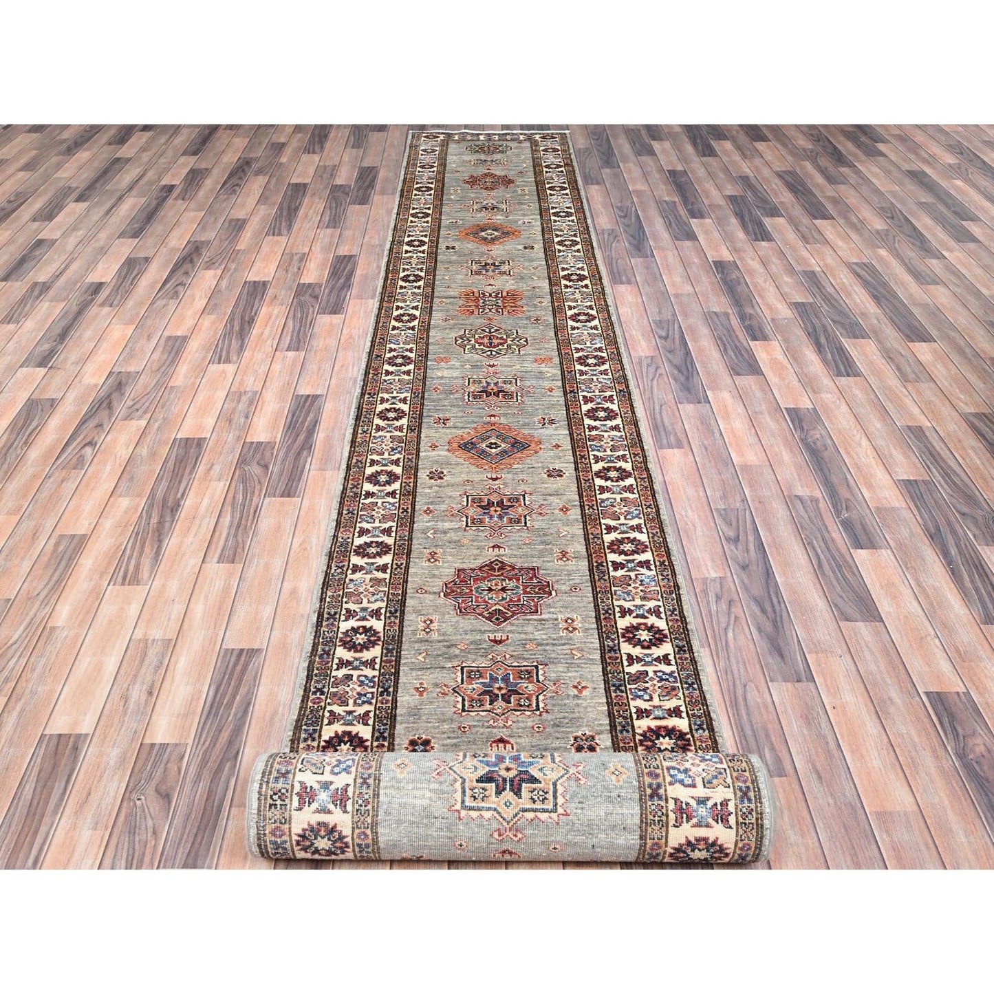 2'8"X22'6" Moon Gray Super Kazak Hand Knotted Wool Oriental Xl Runner Rug