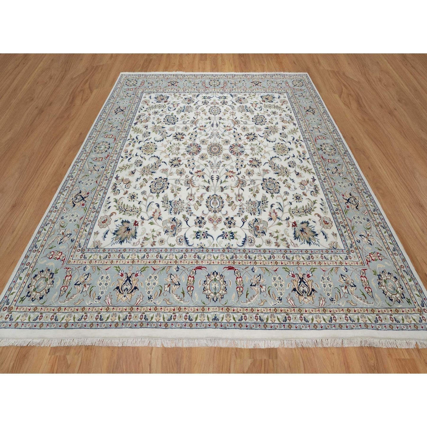 10'2"X10'2" White Nain Flower Motif Wool And Silk Hand Knotted Square Rug
