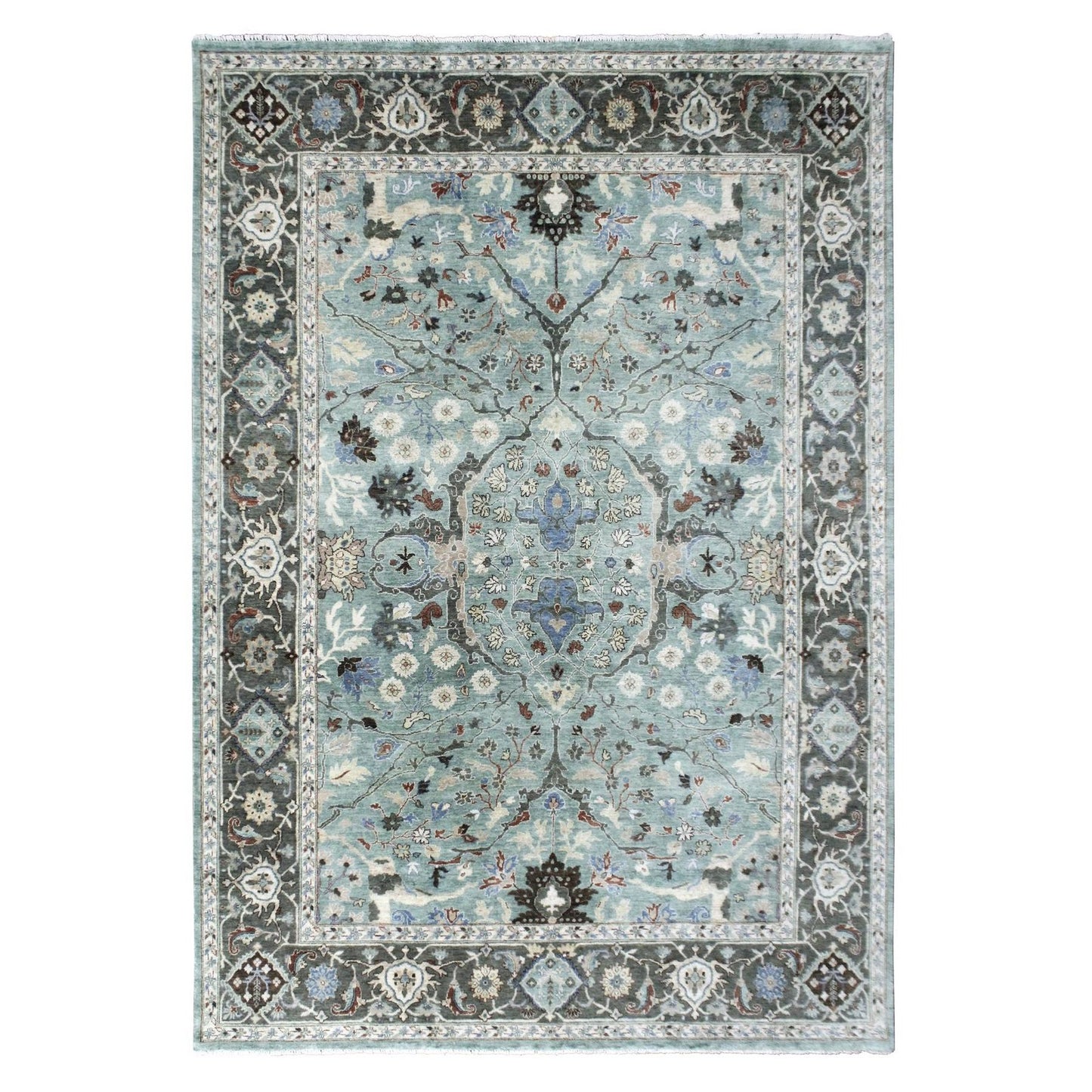 9'X11'9" Teal Green Hand Knotted Oushak With Floral Motifs Soft Wool Rug