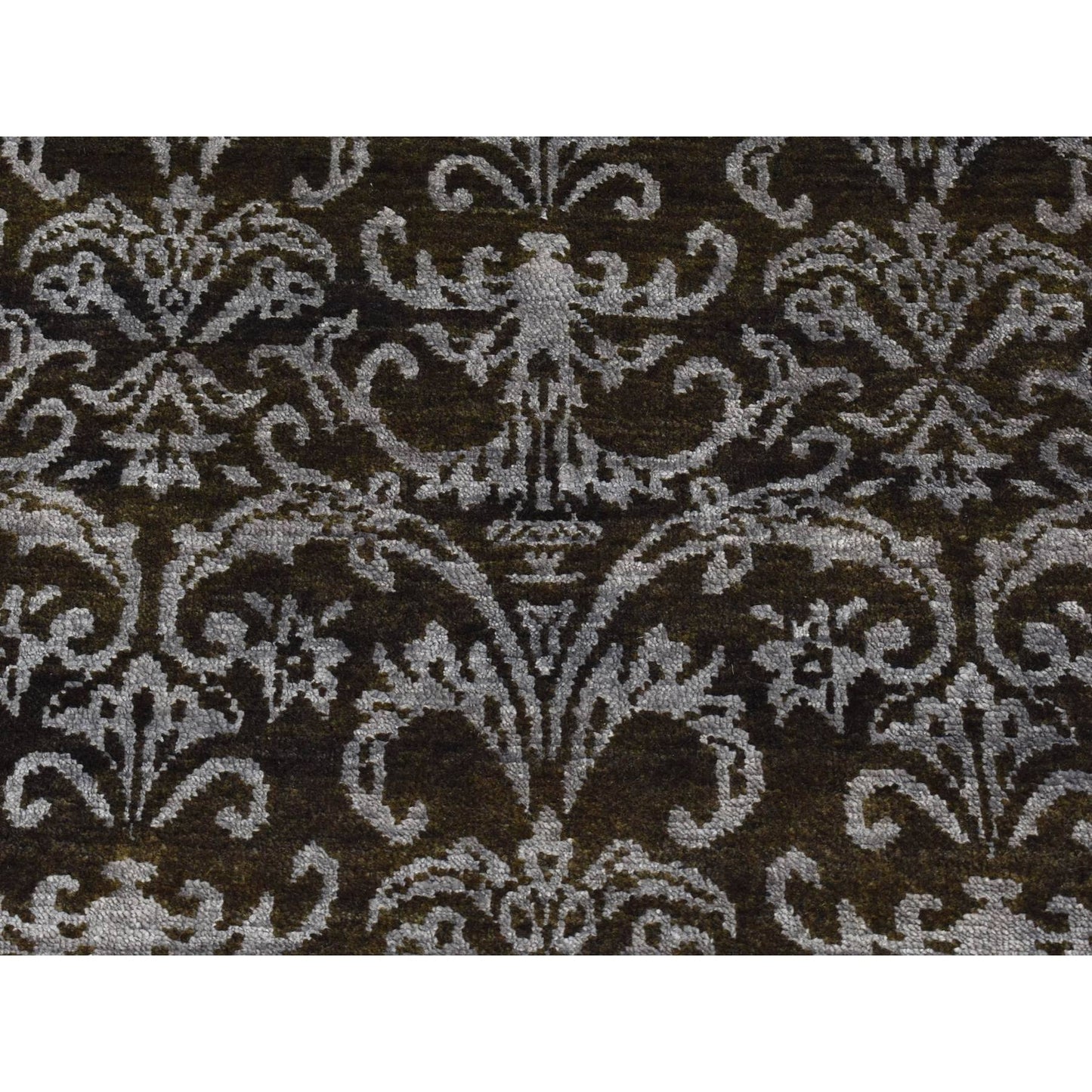 2'4"X9'8" Green Abarasque Motif Design Wool And Silk Handmade Runner Rug