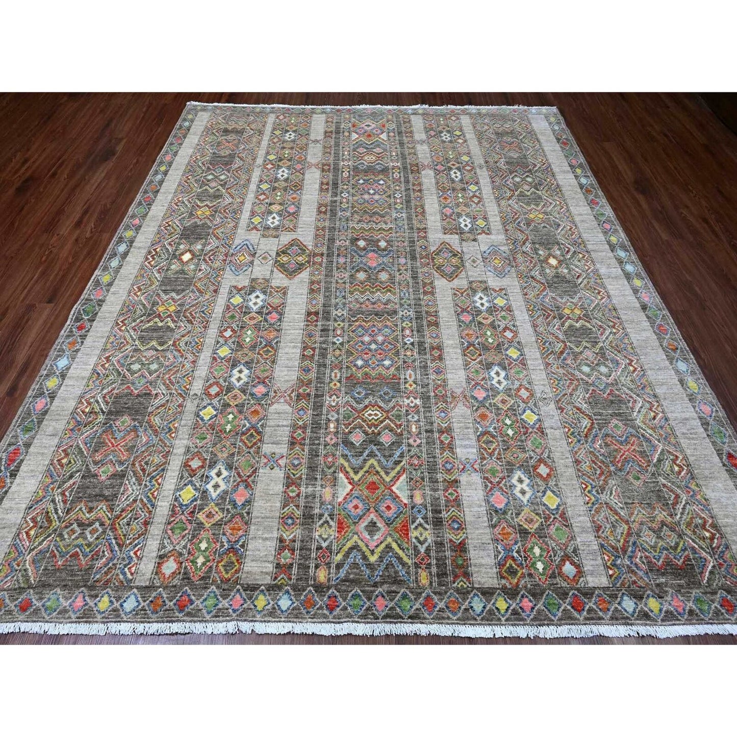 8'1"X9'6" Gray Geometric Design,Berber Influence Wool Hand Knotted Rug