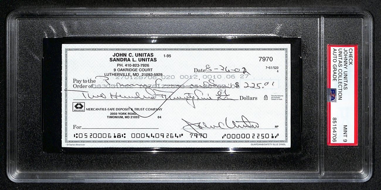 Johnny Unitas Signed 8/26/02 Check Psa/Dna Mint 9 188670