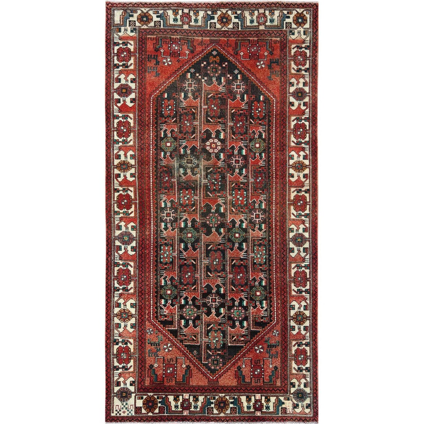 5'X9'10" Semi Antique Hand Knotted Red Farsian Sheeraz Sheared Low Rug