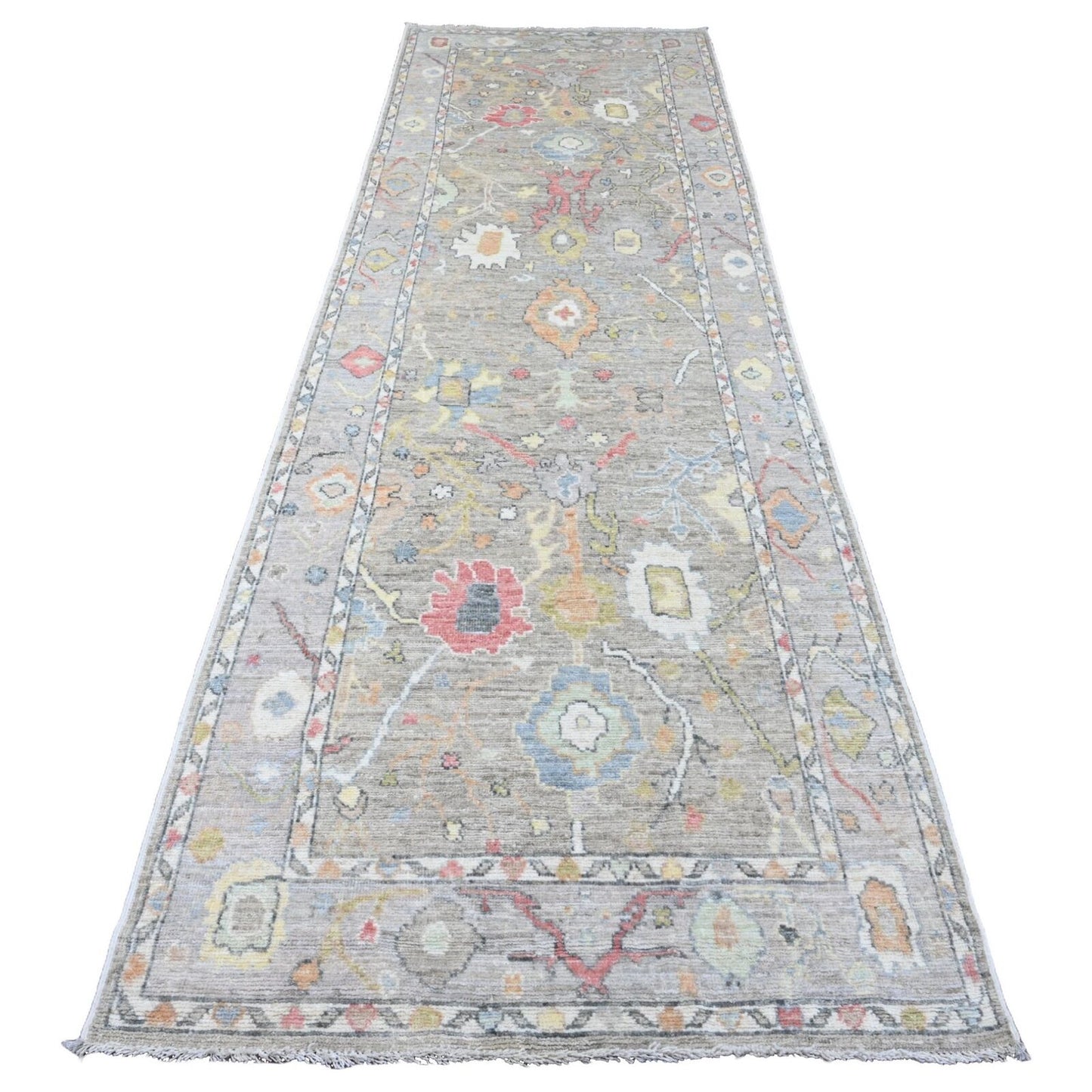 3'9"X12'1" Gray Hand Knotted Angora Oushak Leaf Design Wool Runner Rug