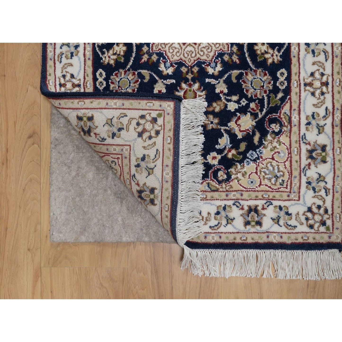2'1"X3'2" Navy Nain Medallion Design Wool And Silk Hand Knotted Mat Rug