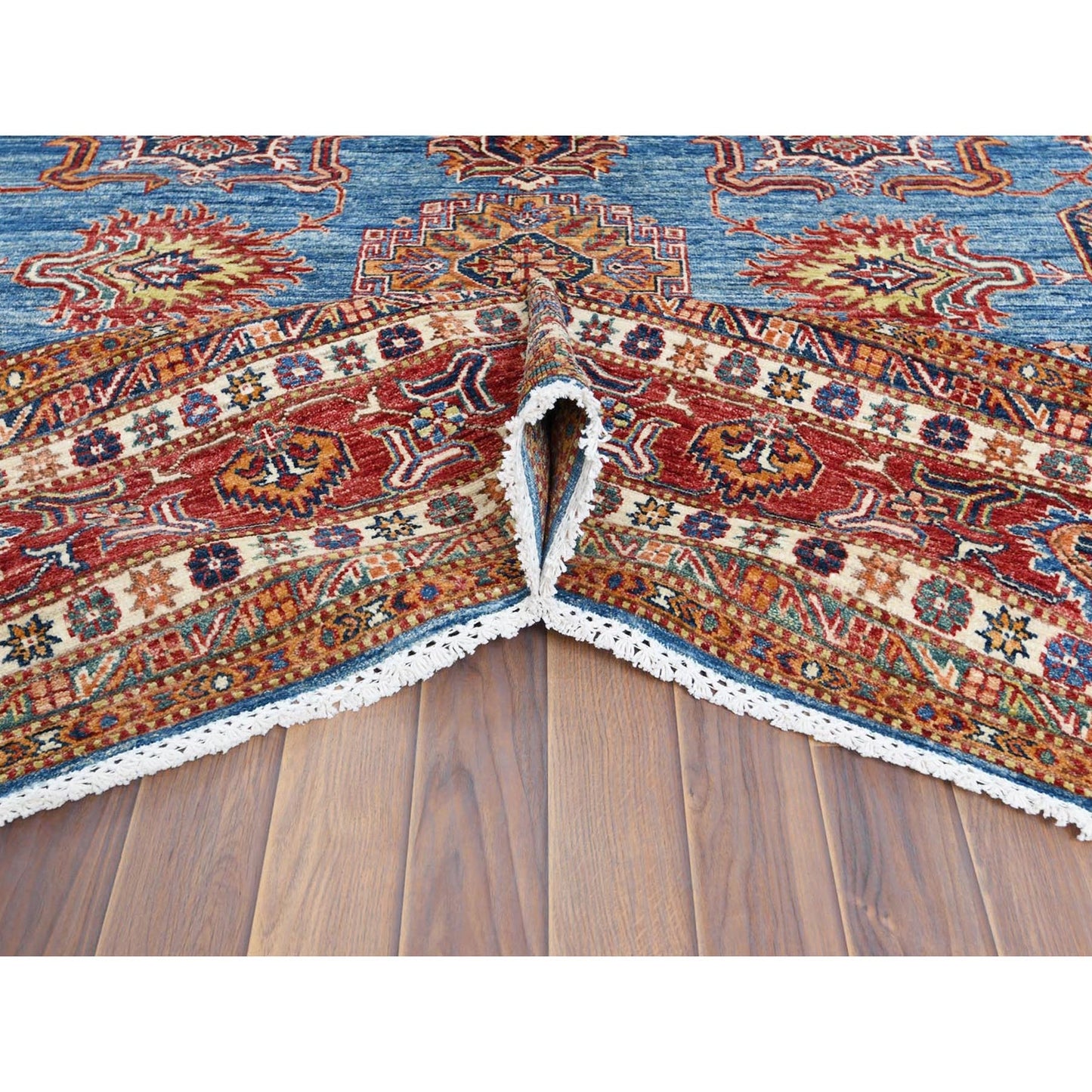 9'2"X11'10" Denim Blue Caucasian Design Super Kazak Wool Hand Knotted Rug