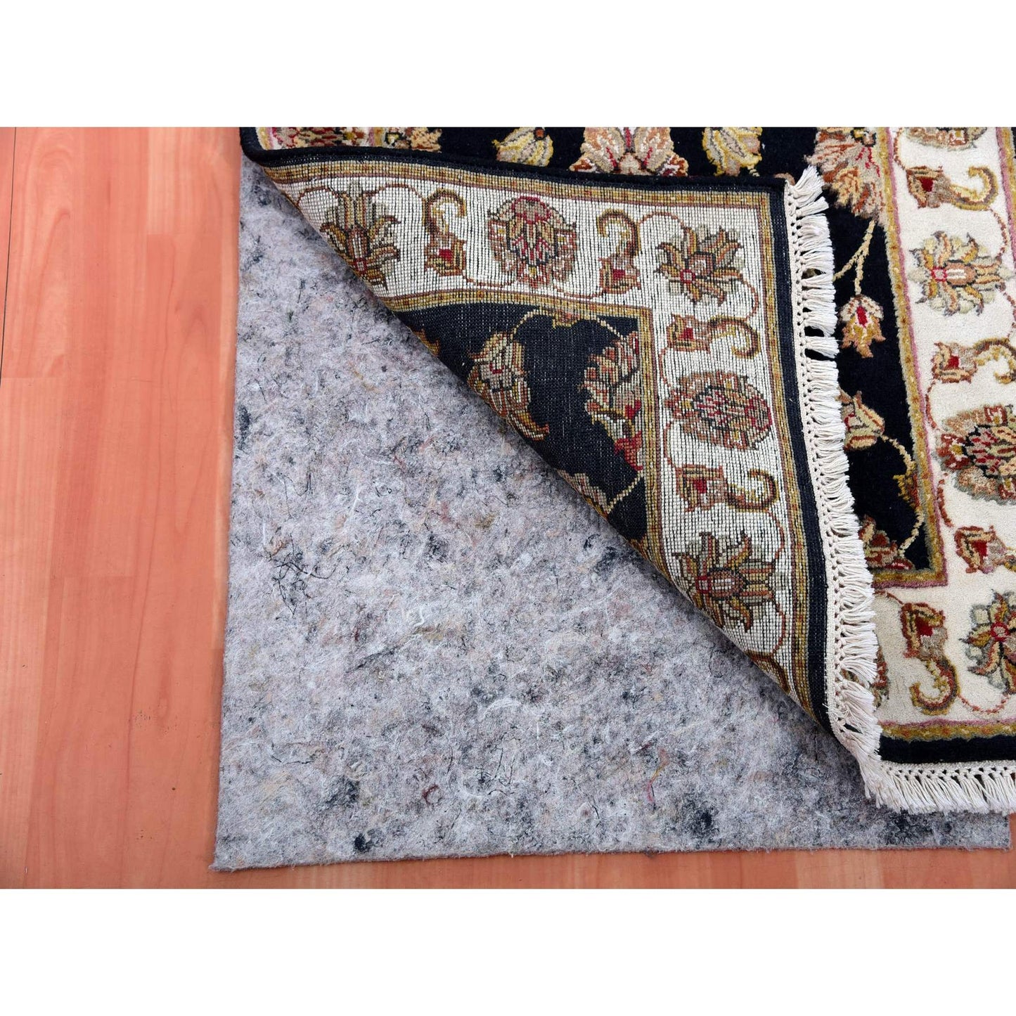 2'6"X10' Tricorn Black Wool Silk Hand Knotted Rajasthan Design Runner Rug