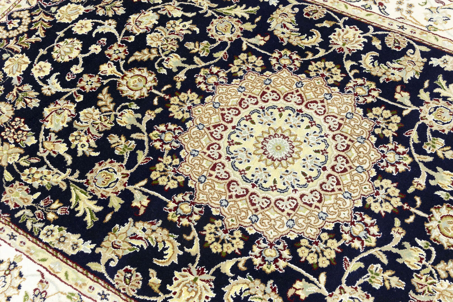 Indo Nain Oriental Rug Handmade Wool Carpet Blue