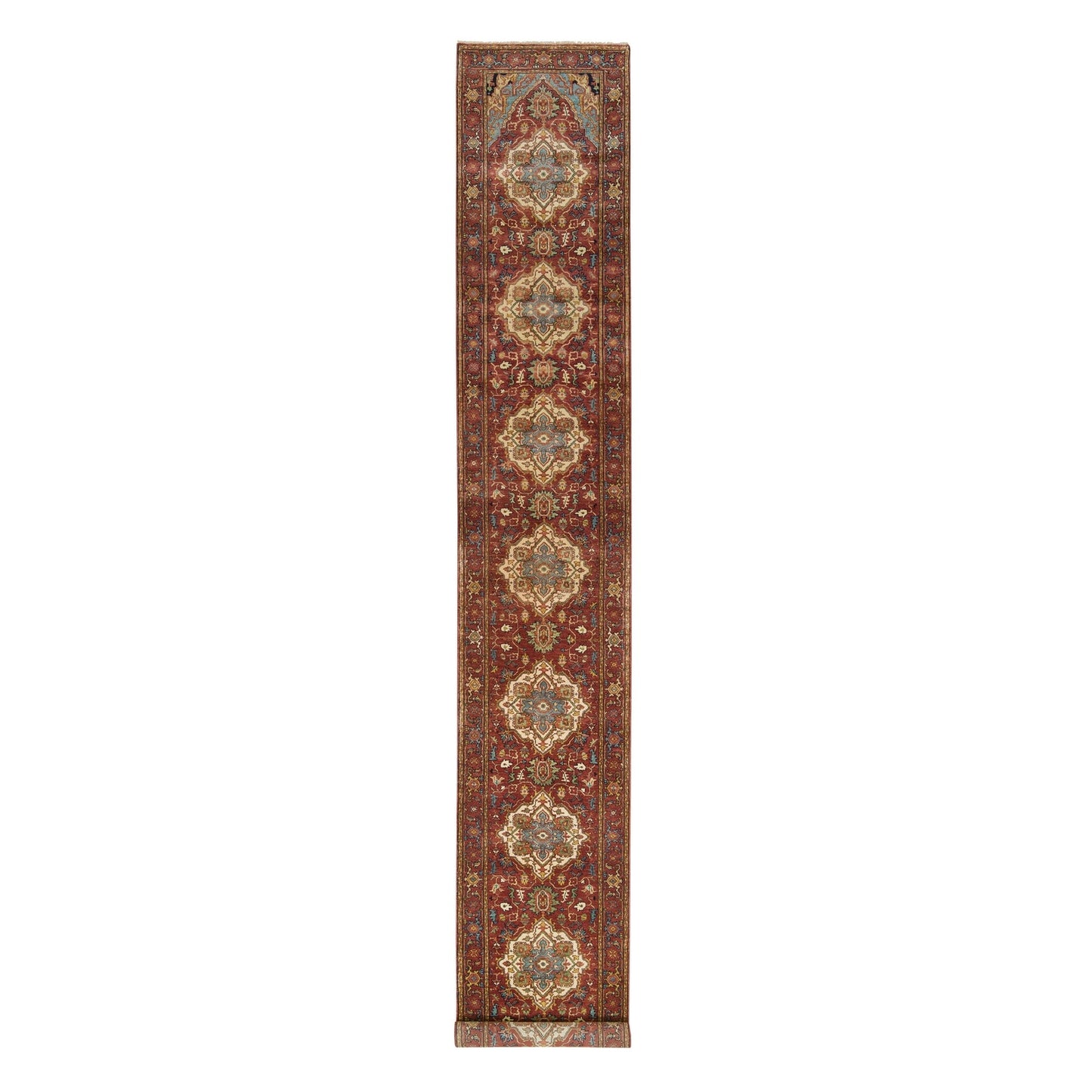 2'7"X18' Red Hand Knotted Fine Heris Re-Creation Wool Xl Runner Rug