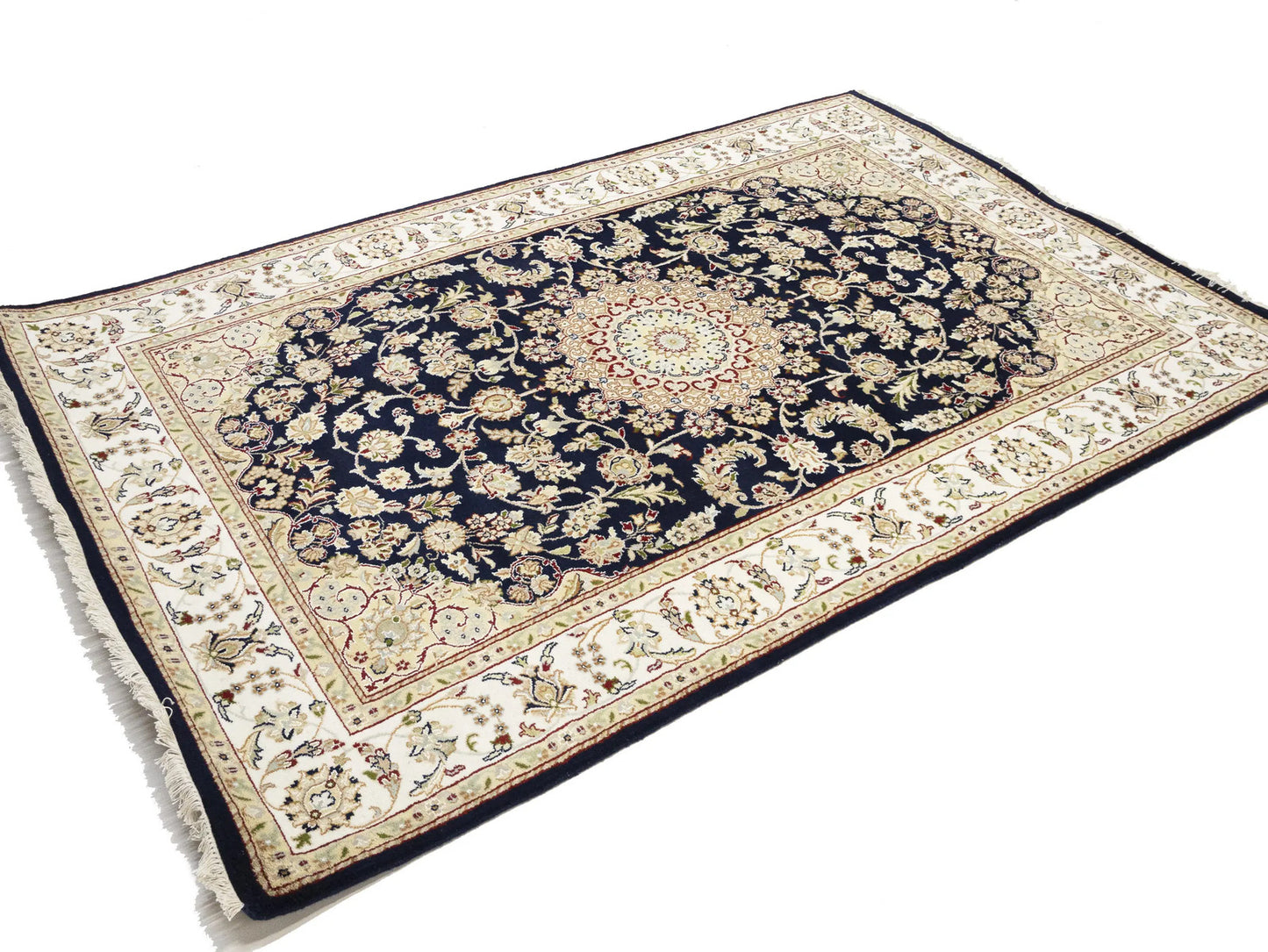 Indo-Nain Black Oriental Rug Floral Medallion