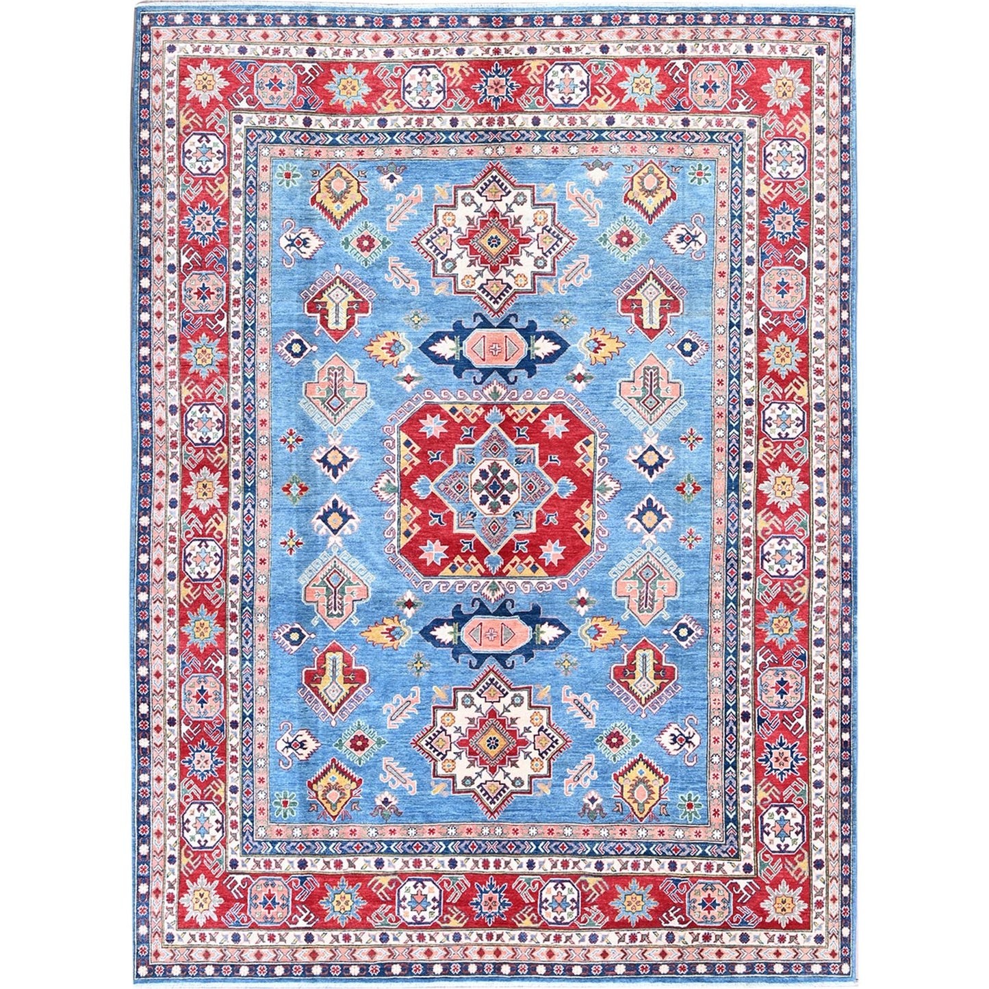 8'10"X11'8" Blue Kazak With Geometric Design Hand Knotted Soft Wool Rug