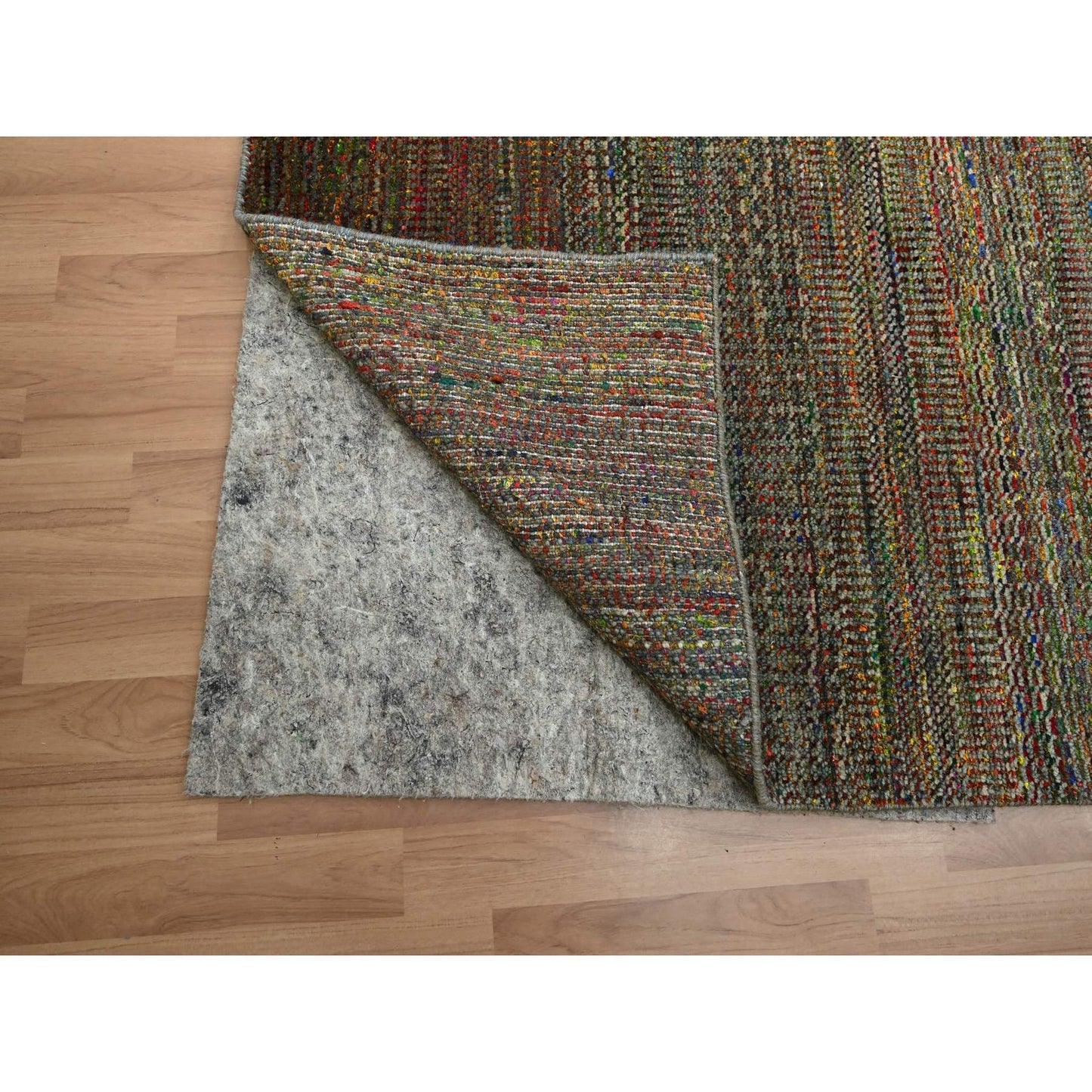 9'1"X12'2" Olive Green Wool And Silk Modern Grass Design Hand Knotted Rug