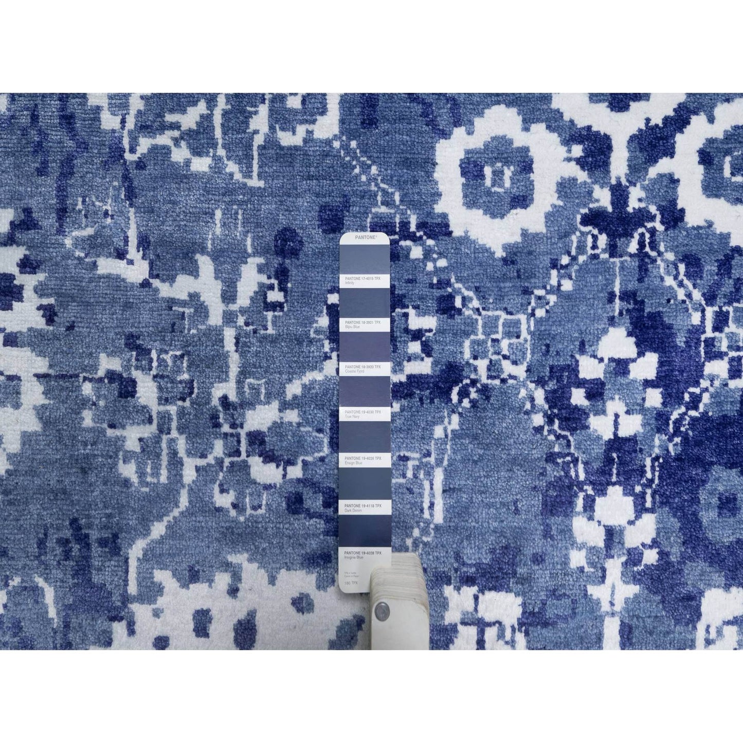 9'X12' Yale Blue Hand Knotted Tebraz With Leaf Motifs Wool And Silk Rug