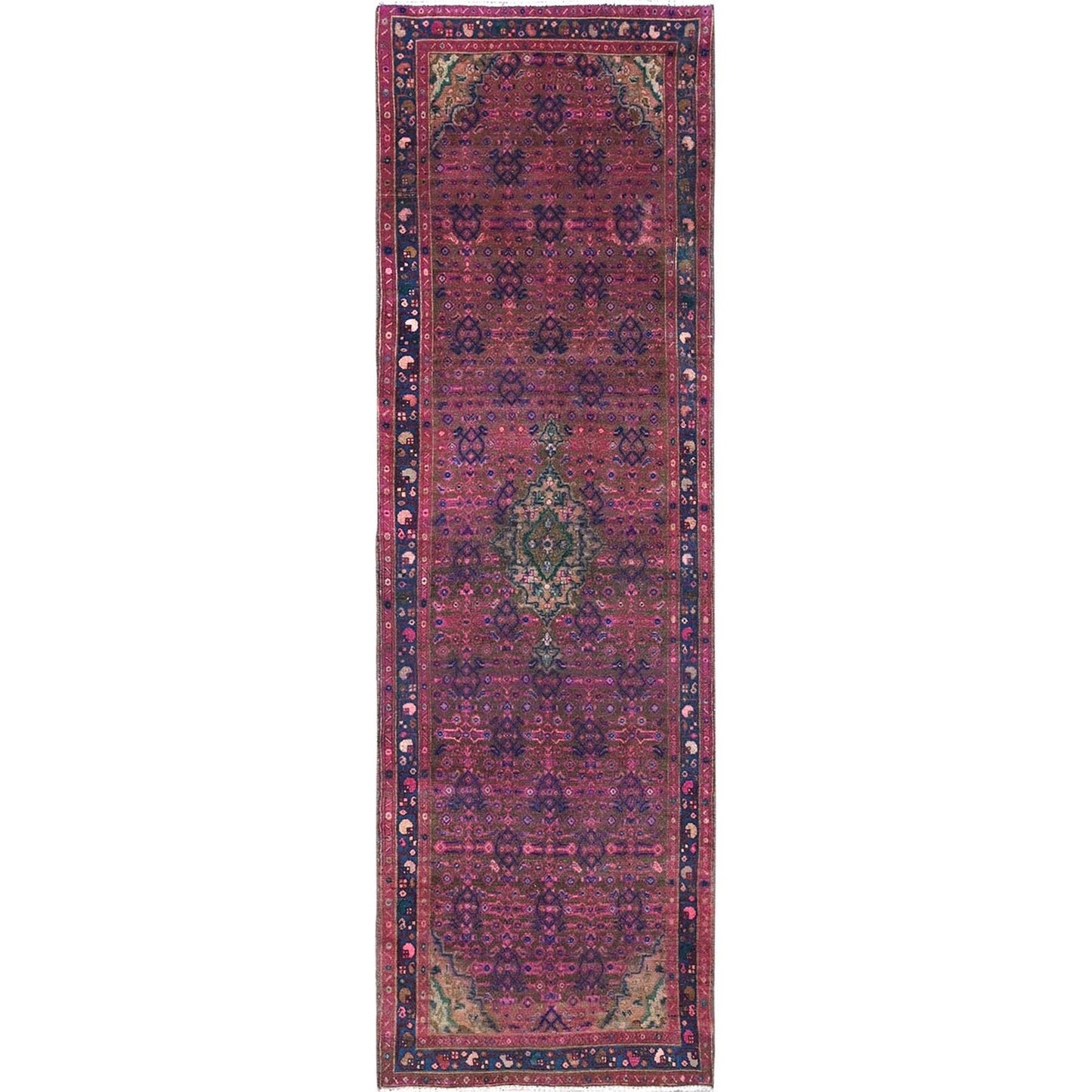 3'4"X10'8" Purple Overdyed Hand Knotted Old Hamadan Wide Long Runner Rug