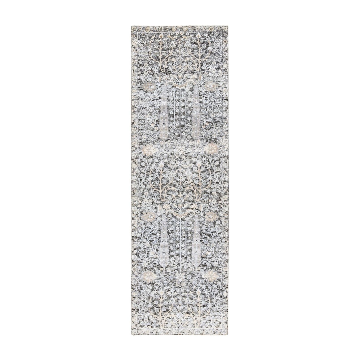 2'7"X8'3" Silver Silk/Wool Hand Knotted Willow And Cypress Runner Rug