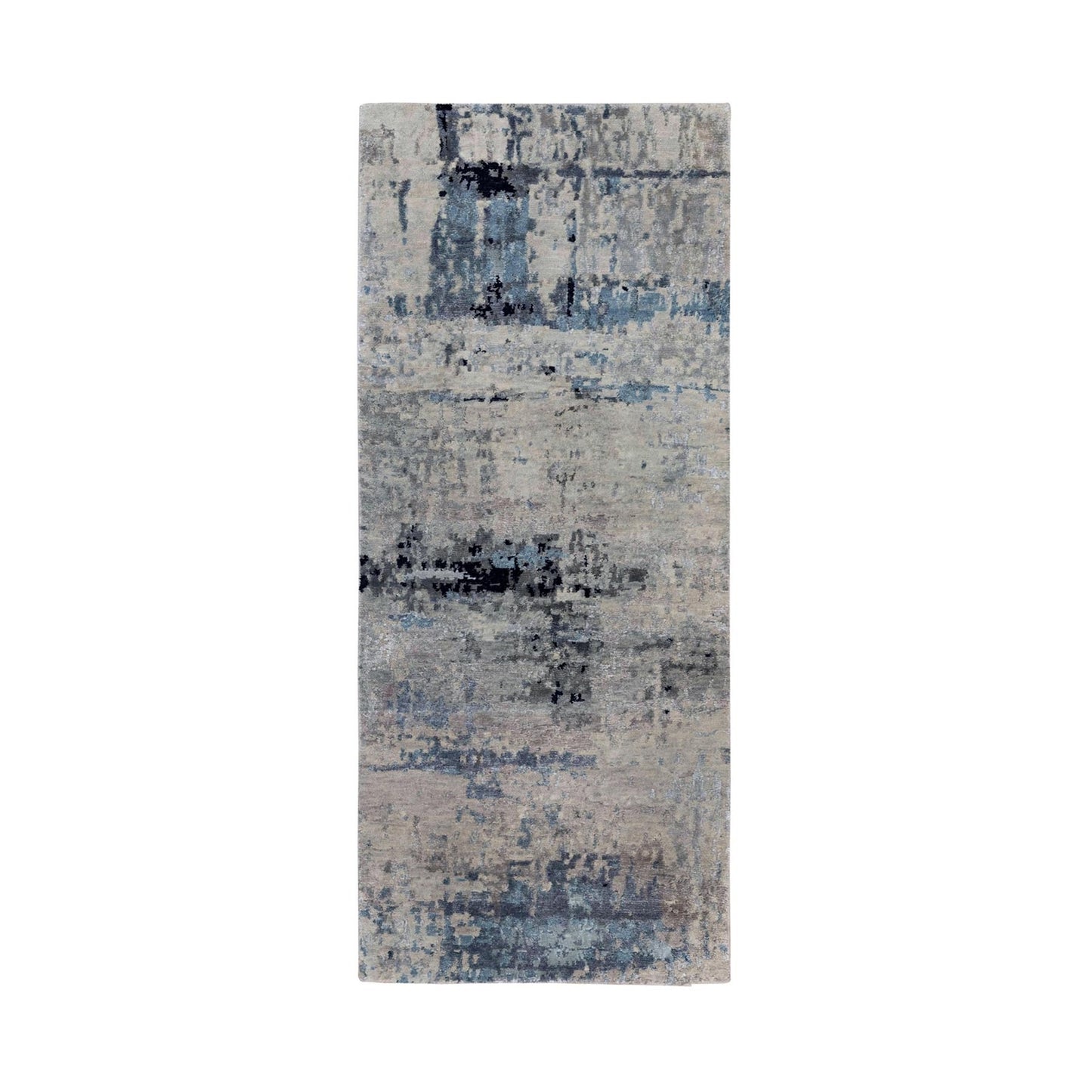 2'6"X5'10" Abstract Design Silver-Blue Hand Knotted Wool-Silk Runner Rug