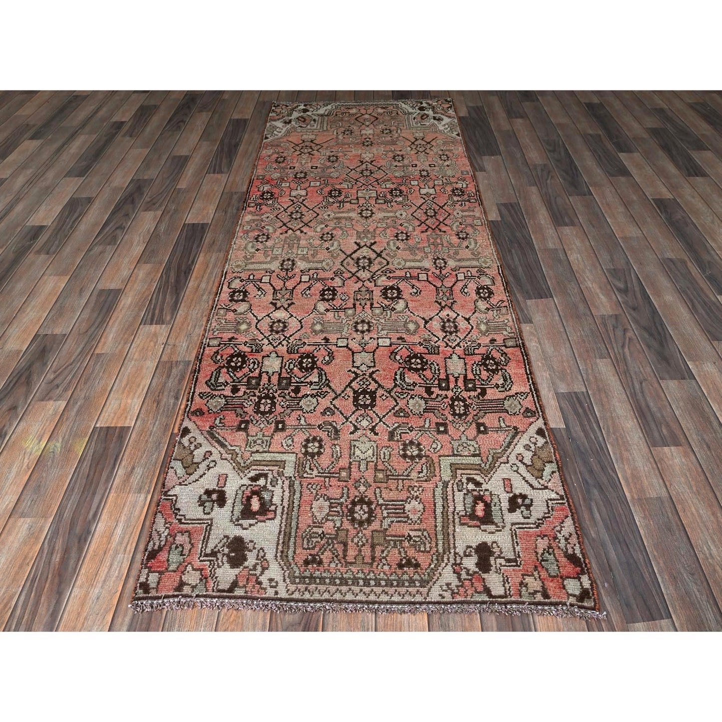3'X8'6" Faded Red Vintage Zoroastrian Khamadan Hand Knotted Wool Runner Rug