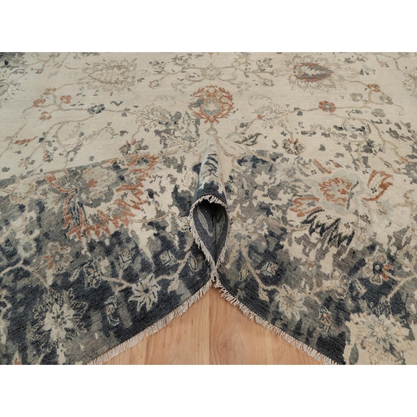 9'X12'2" Ivory Agra Design Botanical Pattern Hand Knotted Pure Wool Rug
