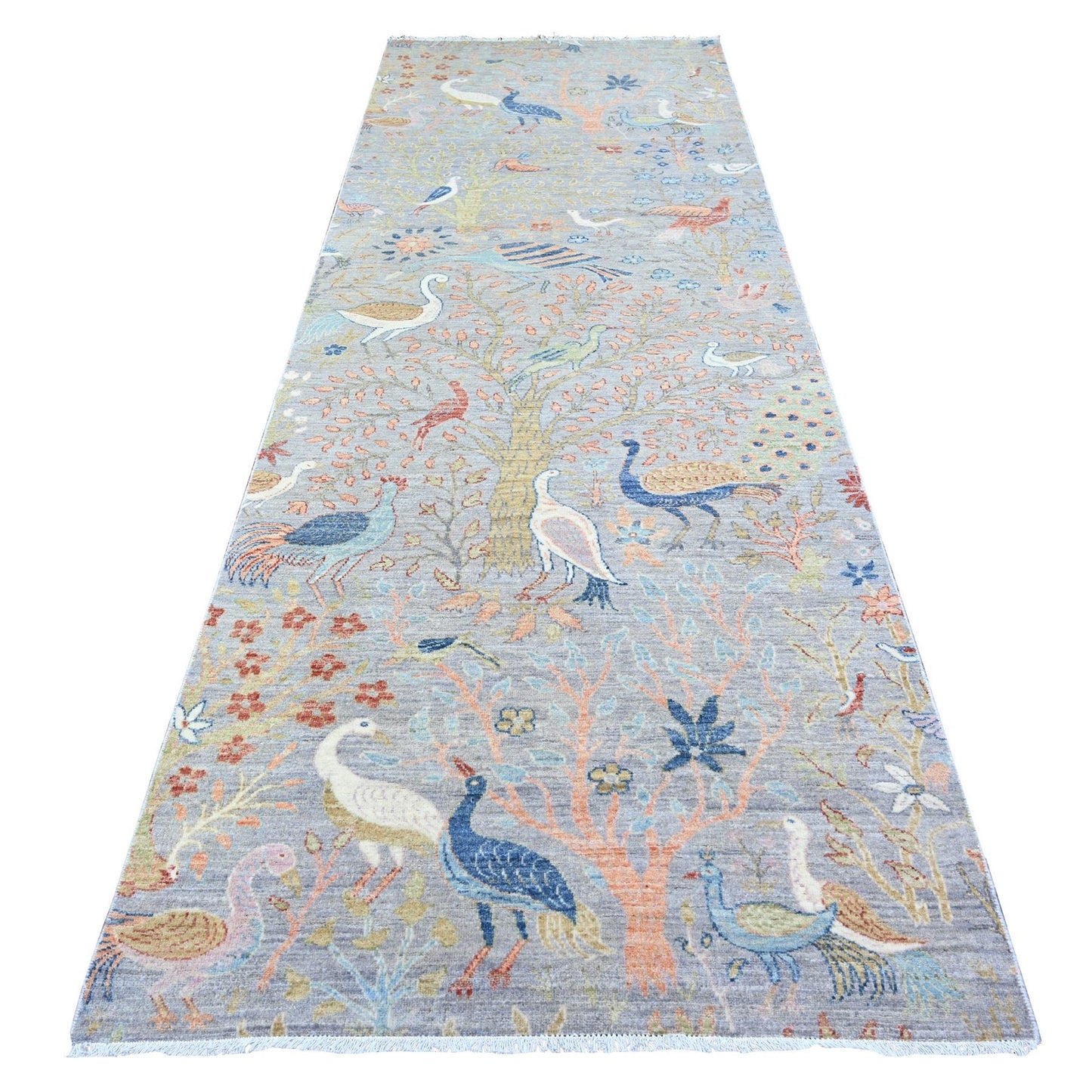 4'1"X11'10" Blue Afghan Peshawar Wool Hand Knotted Wide Runner Rug