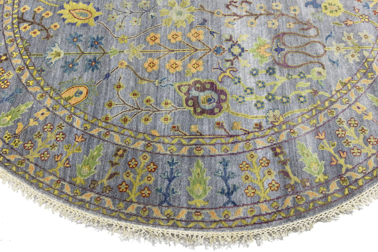 Hand-Knotted Round Oriental Rug Floral Osh Chobi