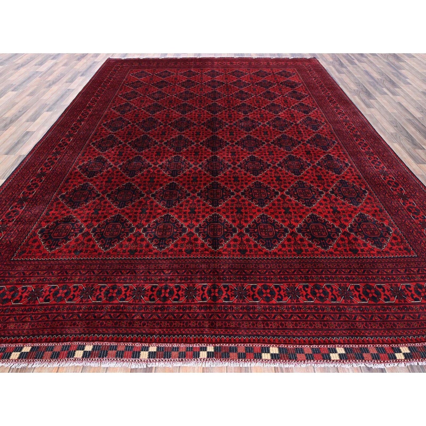 9'10"X12'9" Red Afghan Khamyab Geometric Pattern Hand Knotted Soft Wool Rug