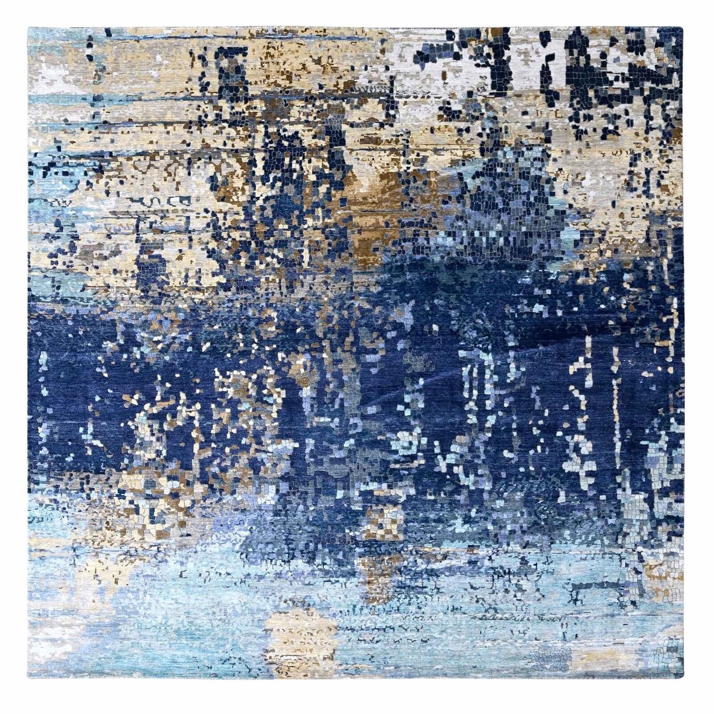 9'10"X9'10" Blue Mosaic Design Wool And Silk Hand Knotted Square Rug