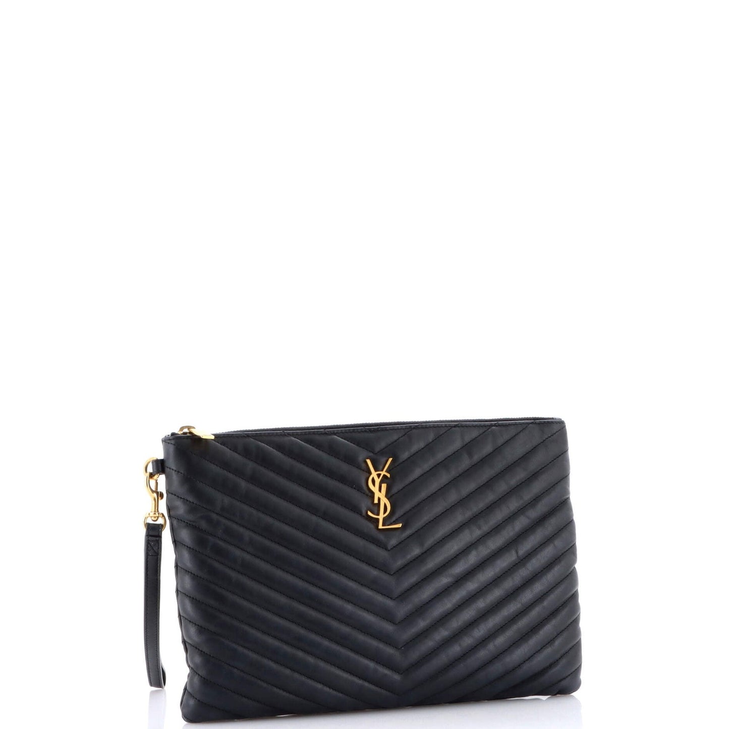 Saint Laurent Classic Monogram Wristlet Pouch Matelasse Chevron Leather Medium