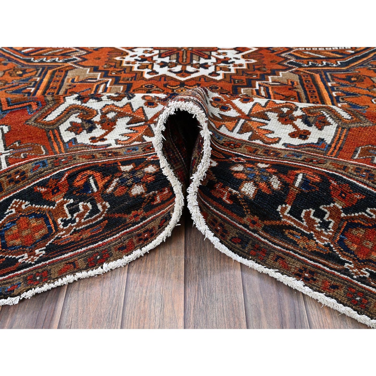 6'7"X9'7" Vivid Orange Vintage Zoroastrian Heris Pure Wool Hand Knotted Rug