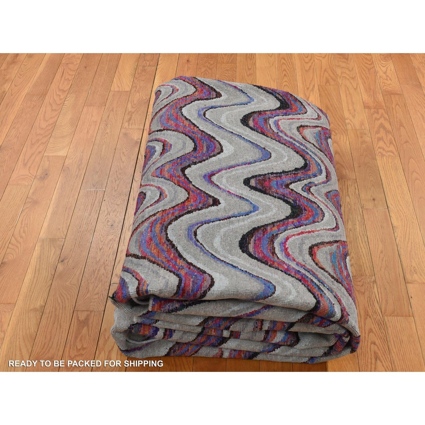 9'X11'10" Ivory The Colorful Waves Silk With Wool Hand Knotted Rug