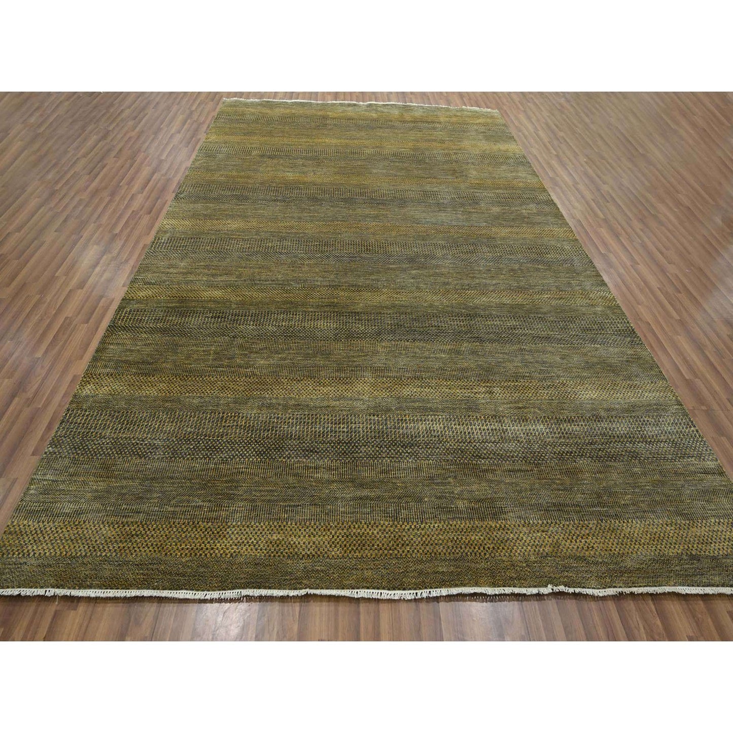 9'2"X12'6" Bone Brown Modern Grass Design Hand Knotted Wool And Silk Rug