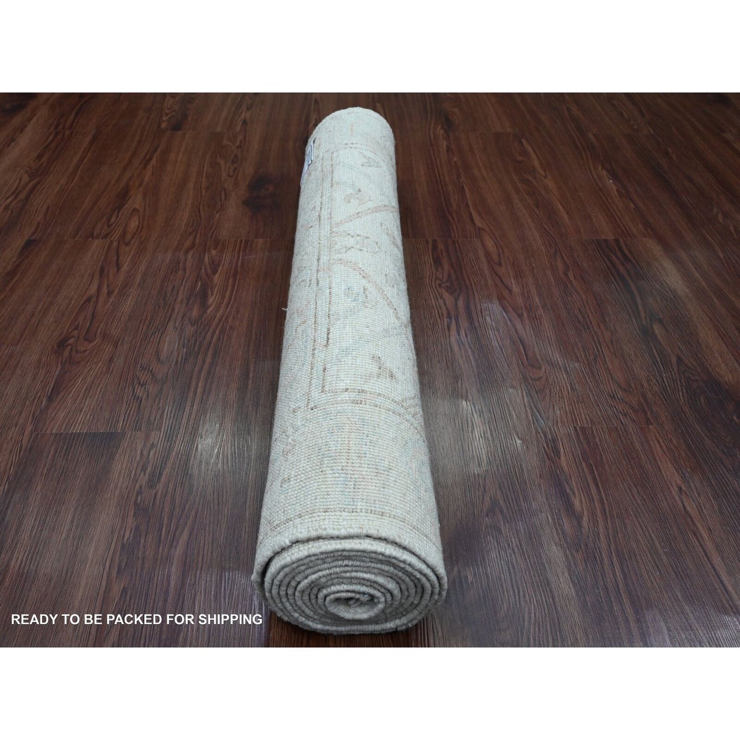 3'X9'5" White Hand Knotted Afghan Angora Oushak Vines Design All Wool Rug