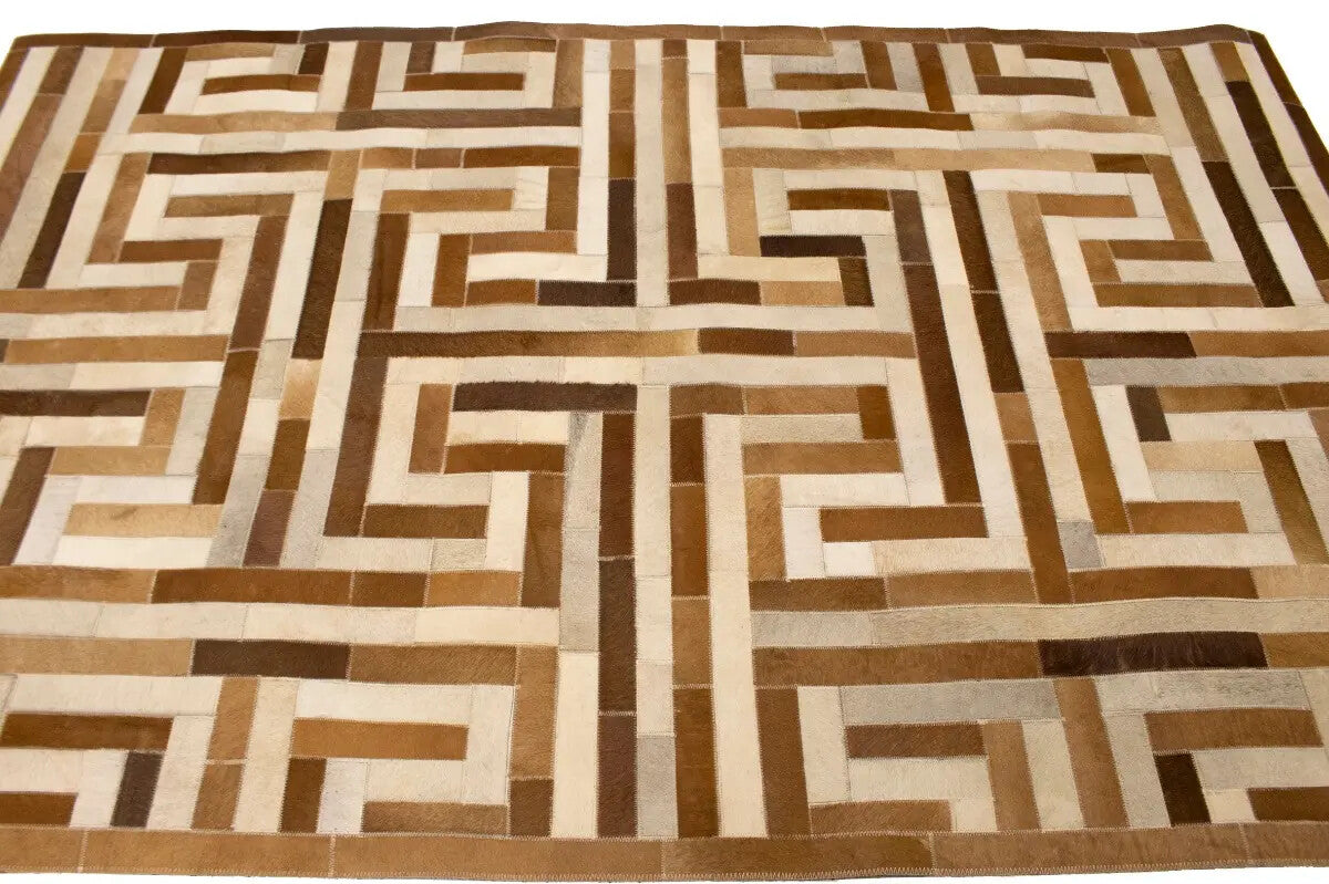 Handcrafted Brown Beige Cowhide Leather Rug