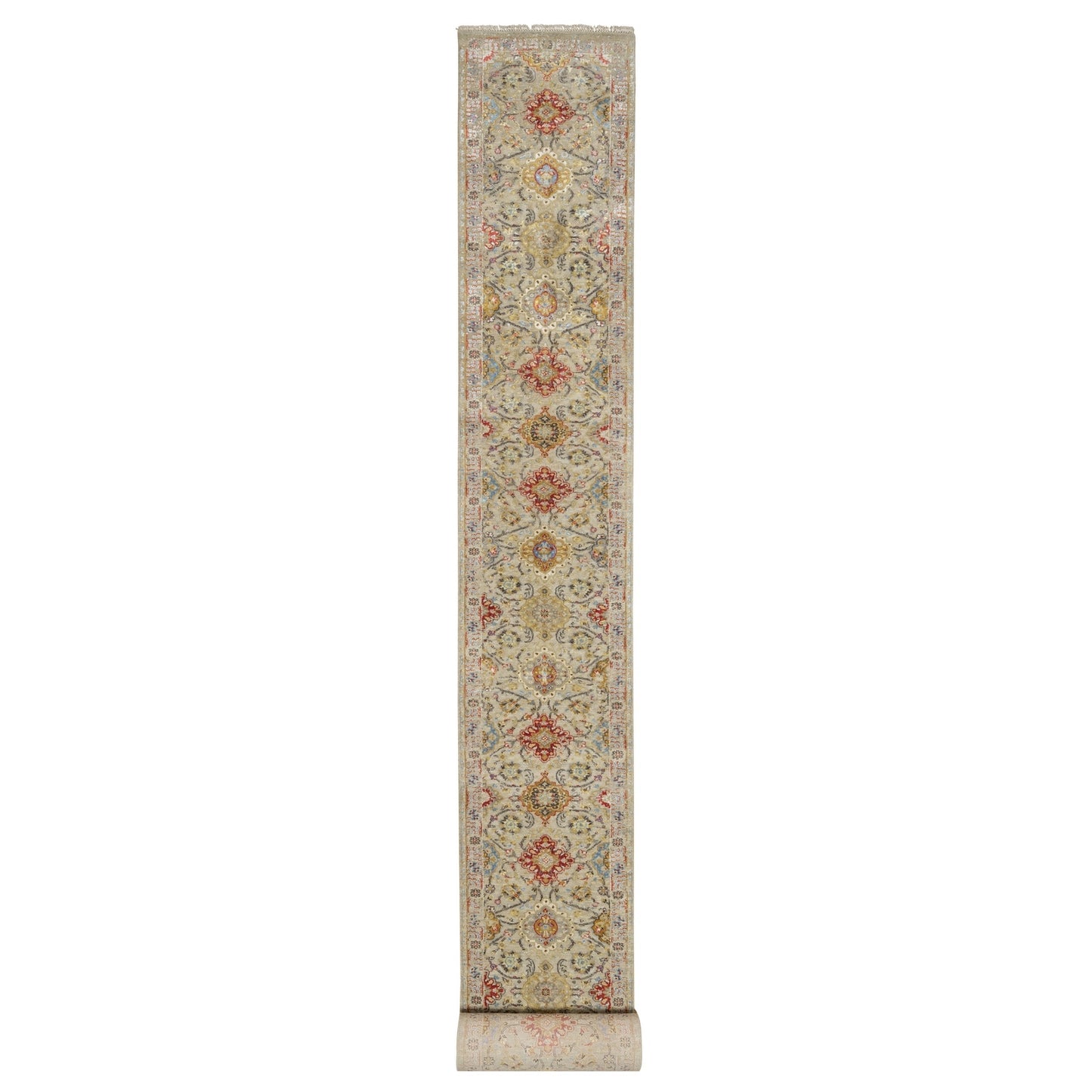 2'7"X26' Beige The Sunset Rosettes Wool And Silk Hand Knotted Runner Rug