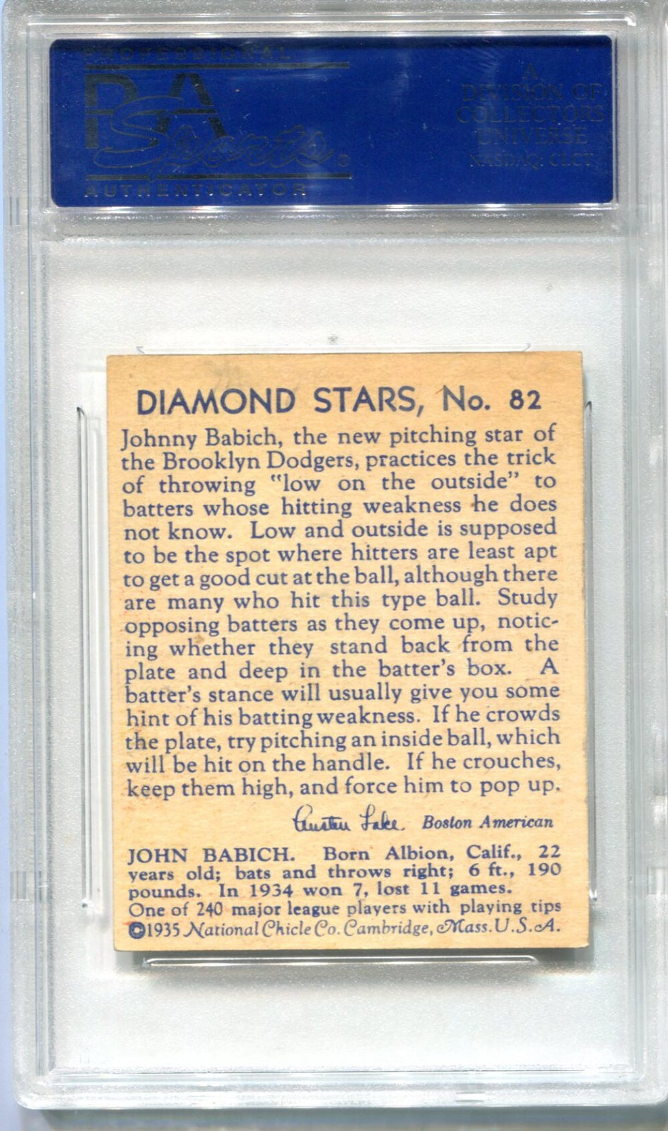 1935 Diamond Stars John Babich Blue Back #82 Psa Ex-Mt 6 Card (Mk)