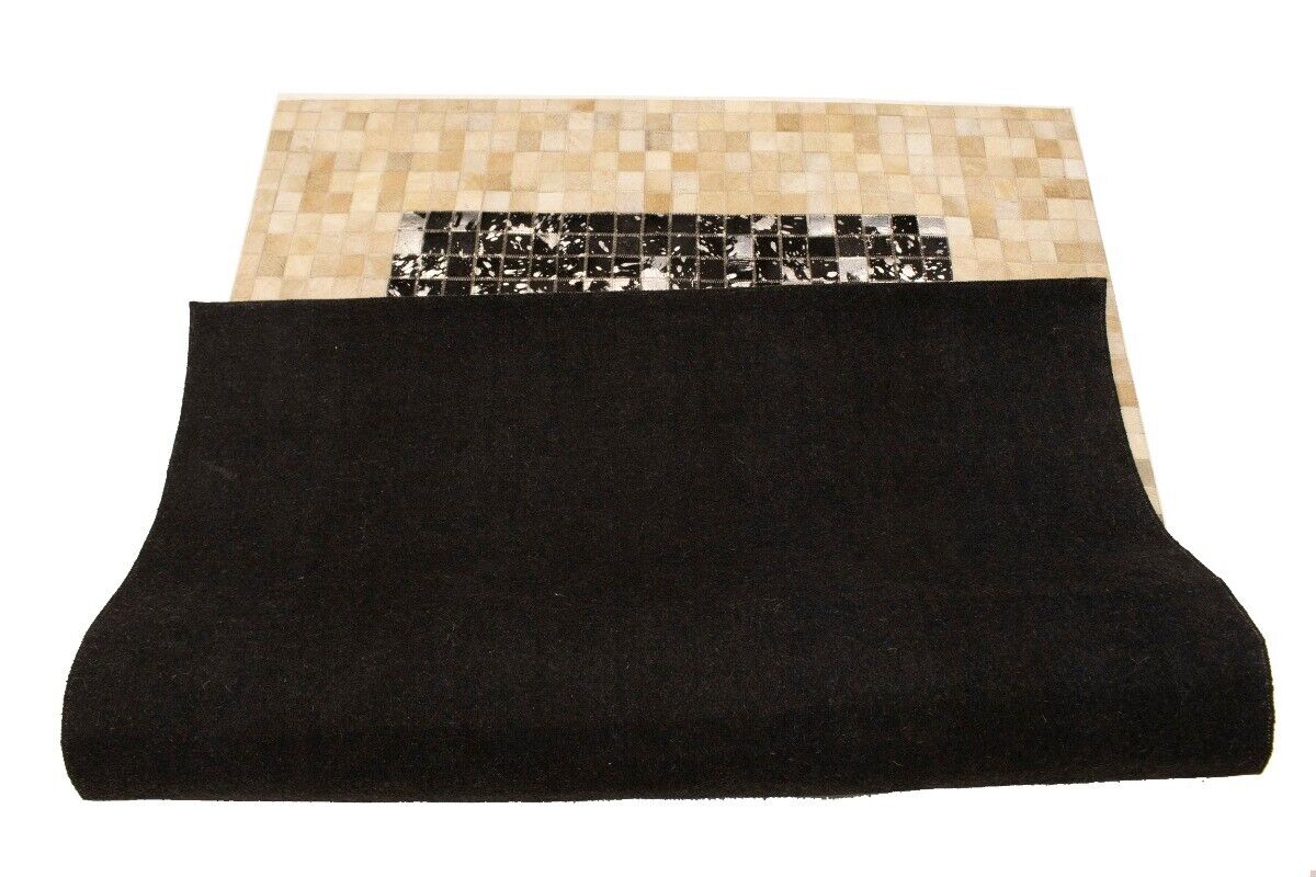 Hand-Stitched Black Beige Cowhide Leather Rug 4X6