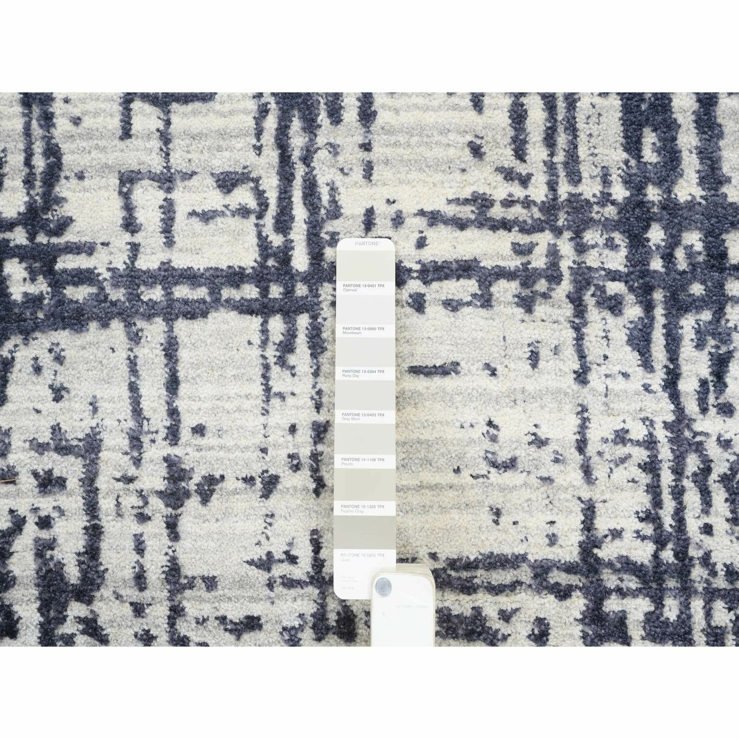 10'X13'9" Black Modern Erased Lines Design Wool And Silk Hand Loomed Rug