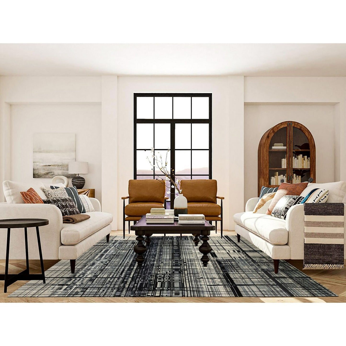 8'2"X9'9" Black Modern Lines Design Ghazni Wool Hand Knotted Rug